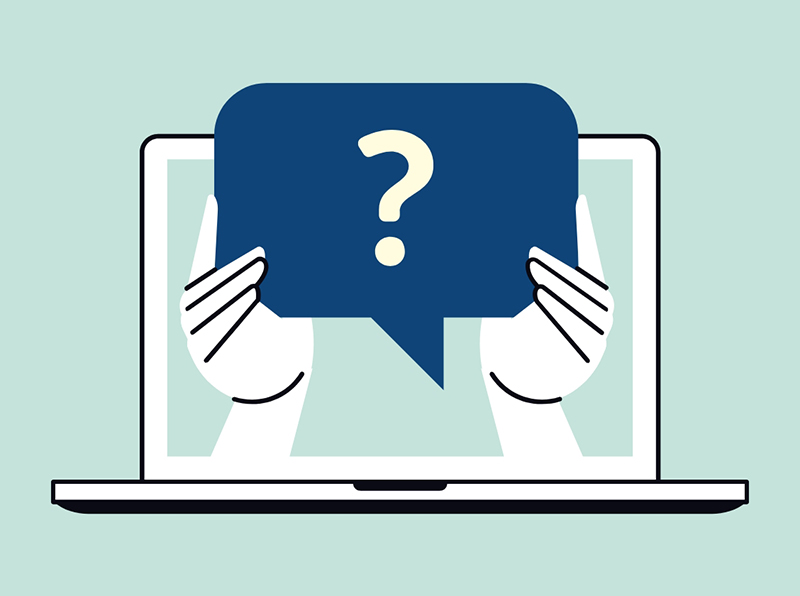 Illustration of a laptop with hands holding a speech bubble containing a question mark