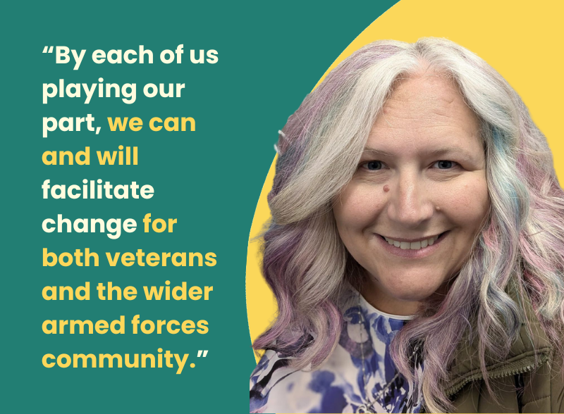 Photograph of Nicola Wilding on a yellow and green background, alongside the quote: "By each of us playing our part, we can and will facilitate change for both veterans and the wider armed forces community."
